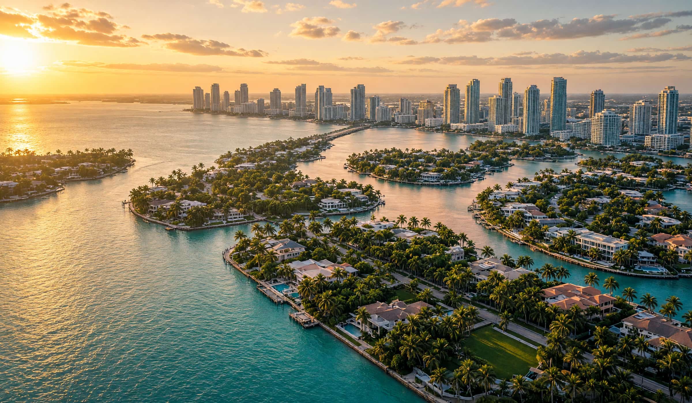 Aerial view of Aventura and North Miami Beach at golden hour — the market Assure US has written policies in since 2001