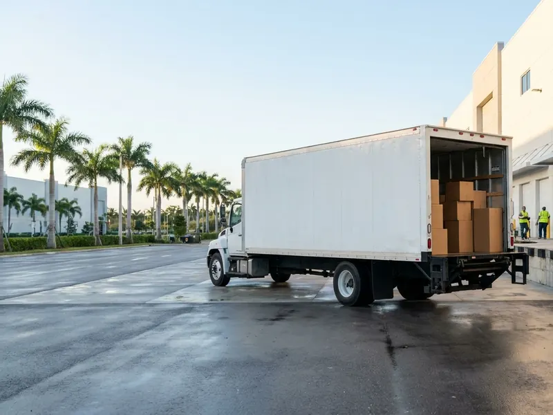White box truck at a South Florida warehouse loading dock, roll-up door open with stacked boxes inside, palm trees along the street.