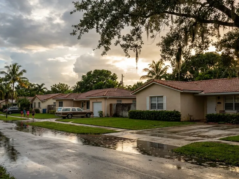 South Florida residential street after a heavy rain, water pooled along the curb and driveways of single-story homes with tile roofs.
