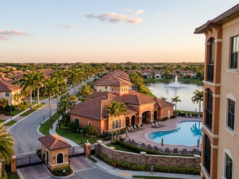South Florida HOA community at golden hour: clubhouse with barrel-tile roof, pool, guardhouse and entry gate, townhomes and a retention lake lined with royal palms.