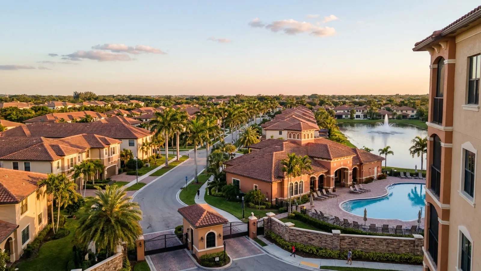 South Florida HOA community at golden hour: clubhouse with barrel-tile roof, pool, guardhouse and entry gate, townhomes and a retention lake lined with royal palms.